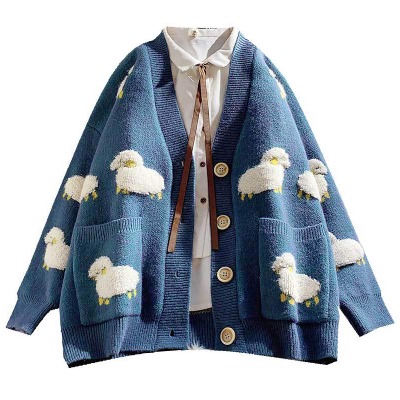 QYIYA Women Long Sleeve Knit Loose Cardigan Cartoon Sheep V-Neck Button Sweater Coat