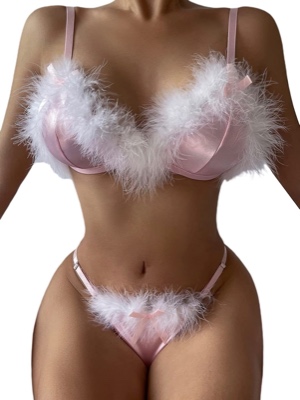 Amazon.com: SOLY HUX Women's Fuzzy Trim Satin Lingerie Set Bra and Panty Pink L: Clothing, Shoes & Jewelry