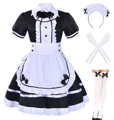 Japanese Anime Sissy Maid Dress Cosplay Sweet Classic Lolita Fancy Apron Maid Dress with Socks Gloves Set