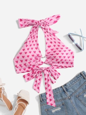 SHEIN Heart Allover Print Knot Detail Ring Ruched Halter Top
