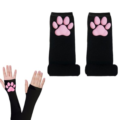 Cute Cat Paw Mittens Gloves Kawaii Cat Cosplay Halloween Soft 3D Toes Beans Fingerless Cat Claw Paws Pad Sleeve Kawaii Cosplay,Black