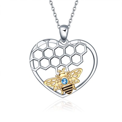 LUHE Bee Necklace 925 Sterling Silver Honeycomb Cute Flower Pendant Necklaces for Women for Her