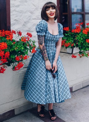 'Carmen Country Girl' Check Powder Blue 50s Full Circle Dress