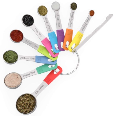 Wildone 10-Piece Measuring Spoons Set, Including 9 Stainless Steel Measuring Spoons, 1 Leveler, for Dry and Liquid Ingredients, Dishwasher Safe