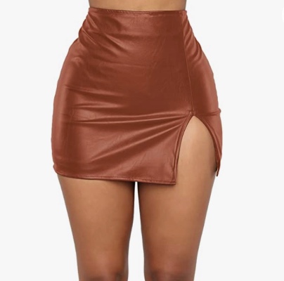 FEOYA Women's Faux Leather Skirt High Waist PU Mini Skirt Sexy Side Split Bodycon Skirt Zipper Tight Club Skirt - Dark Red Large