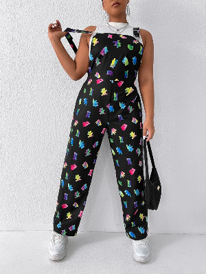 Plus Bear Print Overalls Without Top