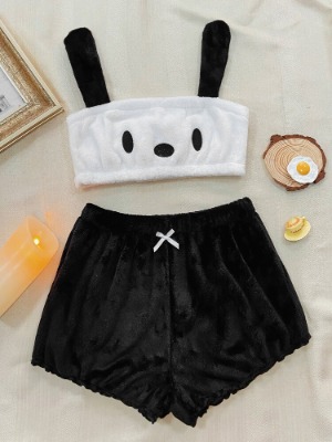 Cartoon Embroidery 3D Ears Design Flannel Tube Top & Shorts PJ Set
