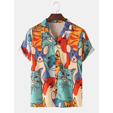 Mens Cartoon Cat Print Revere Collar Short Sleeve Casual Shirts