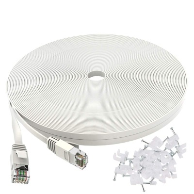 Cat 6 Ethernet Cable 50 ft White - Flat Internet Network LAN Patch Cords – Solid Cat6 High Speed Computer Wire with Clips& Snagless Rj45 Connectors for Router, Modem – Faster Than Cat5e/Cat5-50 feet