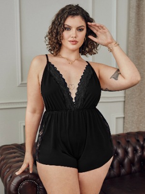 Plus Lace Trimed Backless Sleep Romper