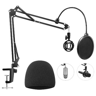Microphone Stand for Blue Yeti, Geekroom Adjustable Suspension Boom Scissor Arm Stand with 3/8"to 5/8" Screw Adapter Shock Mount Windscreen Pop Filter Mic Clip Holder