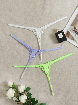 SHEIN 3pcs Contrast Guipure Lace Pearl Beaded Thong