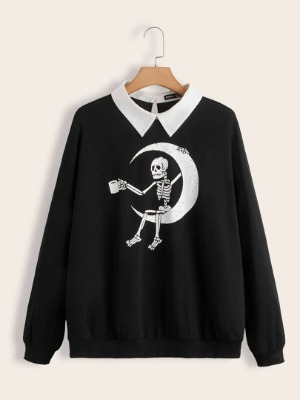 Plus Skull Print Collar Neck Sweatshirt