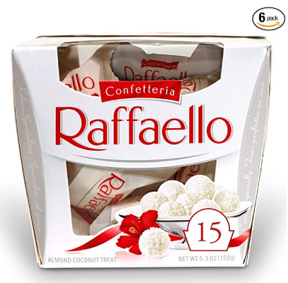 Ferrero Raffaello Almond Coconut Valentine's Day Candy, Perfect Valentine's Day Gift, 15 Count, Pack of 6 Individually Wrapped Coconut Candy Gift Boxes, 5.3 oz 