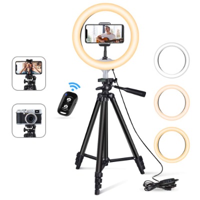 10'' Ring Light with 50'' Extendable Tripod Stand, Sensyne LED Circle Lights with Phone Holder for Live Stream/Makeup/YouTube Video/TikTok, Compatible with iPhone/Android-Warm