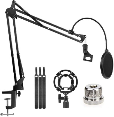 Microphone Stand, Mic Suspension Boom Arm Stand with 3/8"to 5/8" Screw Adapter, Windscreen Pop Filter, for Snowball & Microphones Radio Broadcasting, Recording