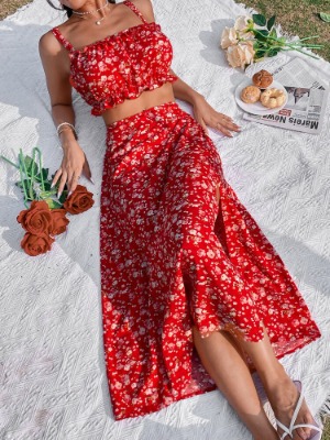 Floral Print Frill Trim Crop Cami Top & Split Thigh Skirt