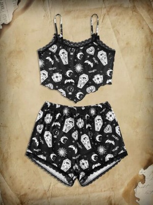 ROMWE Goth Sun & Moon Graphic Contrast Lace Pajama Set