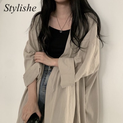 Kimono Long Cardigan Summer 2022 Loose Blouse Female Long Sleeve Casual Harajuku Solid Ladies Tops Korean Style Shirt Girl|Shirt|   - AliExpress