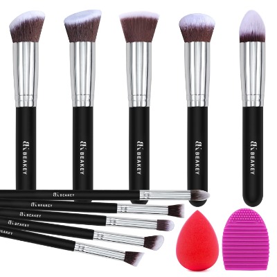BEAKEY Makeup Brush Set Premium Synthetic Kabuki Foundation Face Powder Blush Eyeshadow Brushes Makeup Brush Kit with Makeup Sponge and Brush Egg (10+2pcs,Black/Silver)