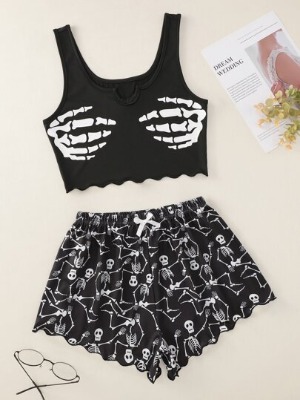 Skull Print Scallop Trim PJ Set