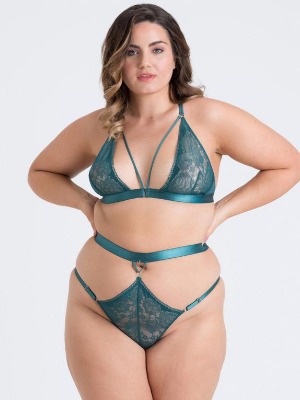 Lovehoney Plus Size Moonflower Emerald Green Lace Strappy Bra Set