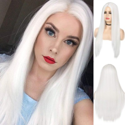Baruisi Long Straight White Wigs for Women Synthetic Natural Looking Cosplay Replacement Wig with Wig Cap
