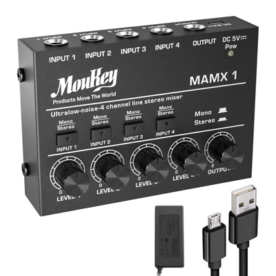 Moukey Ultra Low-Noise 4-Channel Line Mixer for Sub-Mixing, DC 5V 4-Stereo Mini Audio Mixer, Ideal for Small Clubs or Bars. As Microphones, Guitars, Bass, Keyboards or Stage Mixer-MAMX1