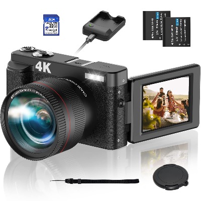 4K Digital Camera Camcorder, WiFi 48MP 60FPS Video Camera with 180° Flip Screen, 2 Charging Mode 16X Digital Zoom Vlogging Camera for YouTube with 32GB SD Card and Wide Angle Lens Macro Lens