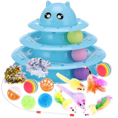 14 Pack Cat Toys Interactive for Indoor Cats Kitten Toy Fun Roller Exerciser 3 Level Cat Teaser Ball Toys Cat Feather Wand Toy