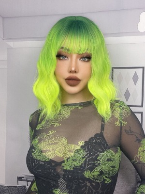 Ombre Medium Curly Synthetic Wig With Bangs