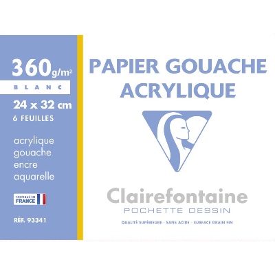 Clairefontaine Gouache and Acrylic Paper, 360 g, 24 x 32 cm, 6 Sheets, White