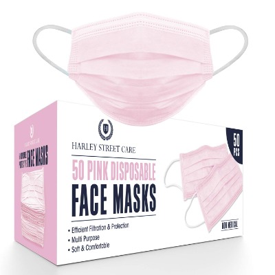 Harley Street Care Disposable Pink Face Masks Protective 3 Ply Breathable Triple Layer Mouth Cover with Elastic Earloops (Pack of 50)