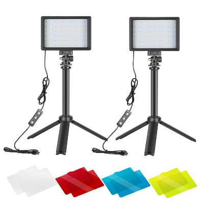 Neewer 2-pack bärbar fotograferingsbelysningssats, dimbar 5600k, USB, 66 LED,-videolampa med mini justerbart stativ och färgfilter för bordsskiva/lågvinkel foto, video, studio fotografering