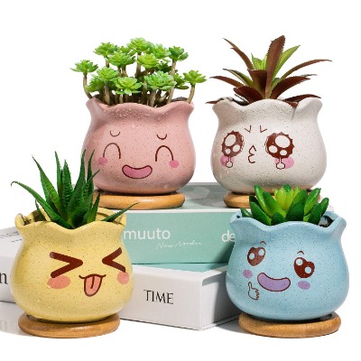 Yangbaga Succulent Plant Pot，4pcs Ceramic Cactus Plant Pot Flower Pot With Bamboo Tray