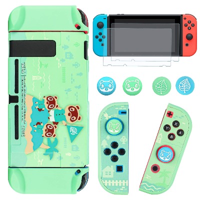 DLseego Schutzhülle kompatibel mit Switch, Hard Hülle Schale Kratzfeste, Stoßfeste Abdeckung Case mit 2 Schutzfolie und 4 Joystick Kappen für Switch Konsole und Joy Con - Grün