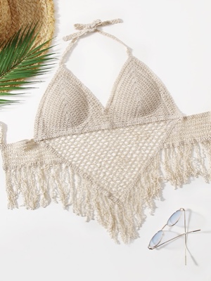 Crochet Fringe Hem Halter Bikini Top