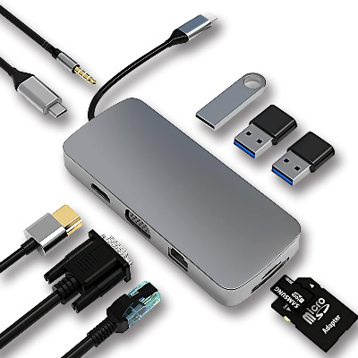 USB C HUB, Docking Station, 10-in-1 USB C Adapter mit 4K-HDMI, VGA, Type C PD, USB 3.0 Ports, RJ45 Ethernet, SD/TF-Kartenles, 3.5mm AUX, kompatibel mit MacBook Pro/Air, More Type C Geräte