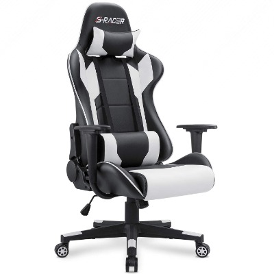 Homall Gaming Chair Office Chair High Back Computer Chair Leather Desk Chair Racing Executive Ergonomic Adjustable Swivel Task Chair with Headrest and Lumbar Support (White)