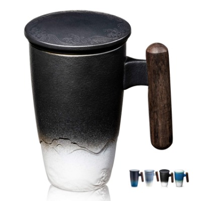 suyika Tomotime Ceramic Tea Cup with Infuser and Lid Tea Mugs Wooden Handle 400ml/13.5oz Black