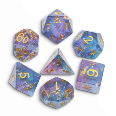 DND Polyhedral Dice RPG Dobbelstenen voor kerkers en draken, Pathfinder, MTG, D  D Rolspelen Spel, Blauw en Paars Transparant Goud Folie Dice Set, met Grijze Waterdichte Tas