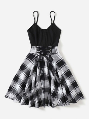 Plus Plaid Print Lace Up Front Cami Dress
