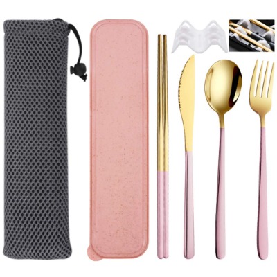 SITAKE 4 Pcs Portable Stainless Steel Flatware Set, Travel Reusable Lunch Utensils with Storage Case and Bag, Knife Fork Spoon Chopsticks Set for Office, School, Travel, Camping, Picnic (Pink-Gold)