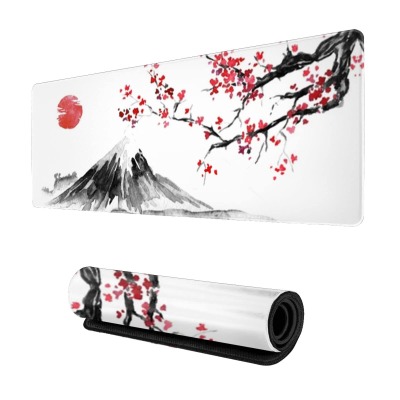 Größere Gaming Mauspad Japan Tuschemalerei Berg Sakura Sonne wasserdichte Optimale Gleitfläche Anti Rutsch Gaming Matte Verbessert Präzision und Geschwindigkeit 800X300X3 mm