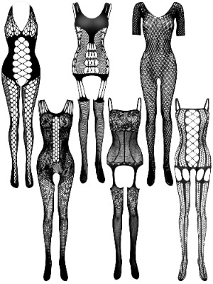 6 Pieces Mesh Lingerie Stockings Fishnet Bodysuits Hollow Fishnet Sleepwear for Women Girls (Black, Style Set 1)