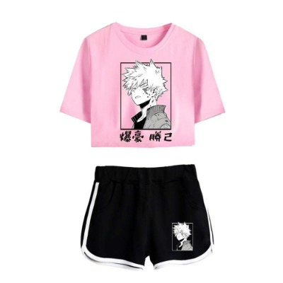 RongJun My Hero Academia Cosplay Crop Top and Shorts Bakugou Katsuki Short Sleeve Sportswear 2 Piece Outfits for Women Girls