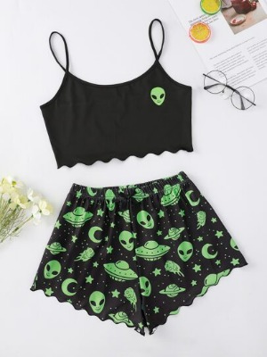 Alien & Star Print Lettuce Trim Cami PJ Set
