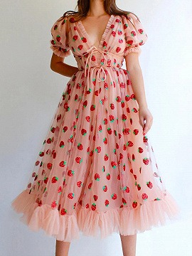 Pink Plunge Strawberry Print Puff Sleeve Maxi Dress - Choies.com