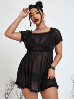 Frill Trim Sheer Mesh Slips With Panty Without Bra