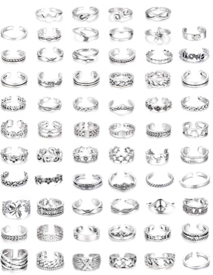 CASSIECA 64Pcs Open Toe Rings Set for Women Girls Adjustable Toe Rings Vintage Silver Toe Rings Twist Knot Heart Toe Rings Simple Arrow Knuckle Toe Finger Tail Ring Band Sandals Retro Foot Jewelry